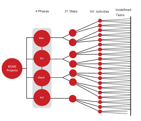 BCMS project phases, steps, activities, and undefined tasks