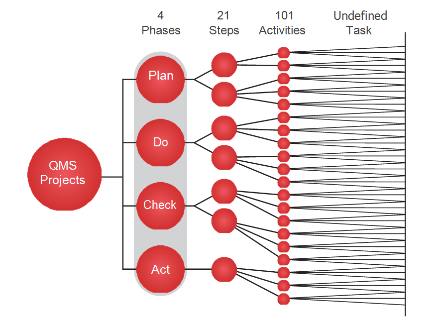 QMS project phases, steps, activities and undefined tasks. 